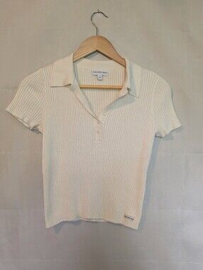 Calvin Klein Jeans Stretch Wide Rib Knit Cropped Fitted Polo Tee Cream M